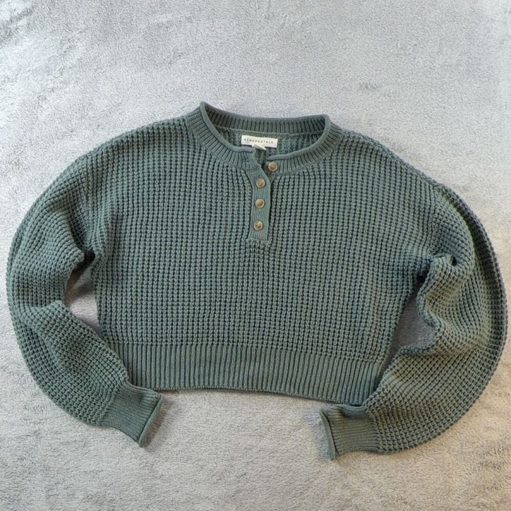 Aéropostale Henley Sweater Women's XS Green Long Sleeve Knit Button Lightweight